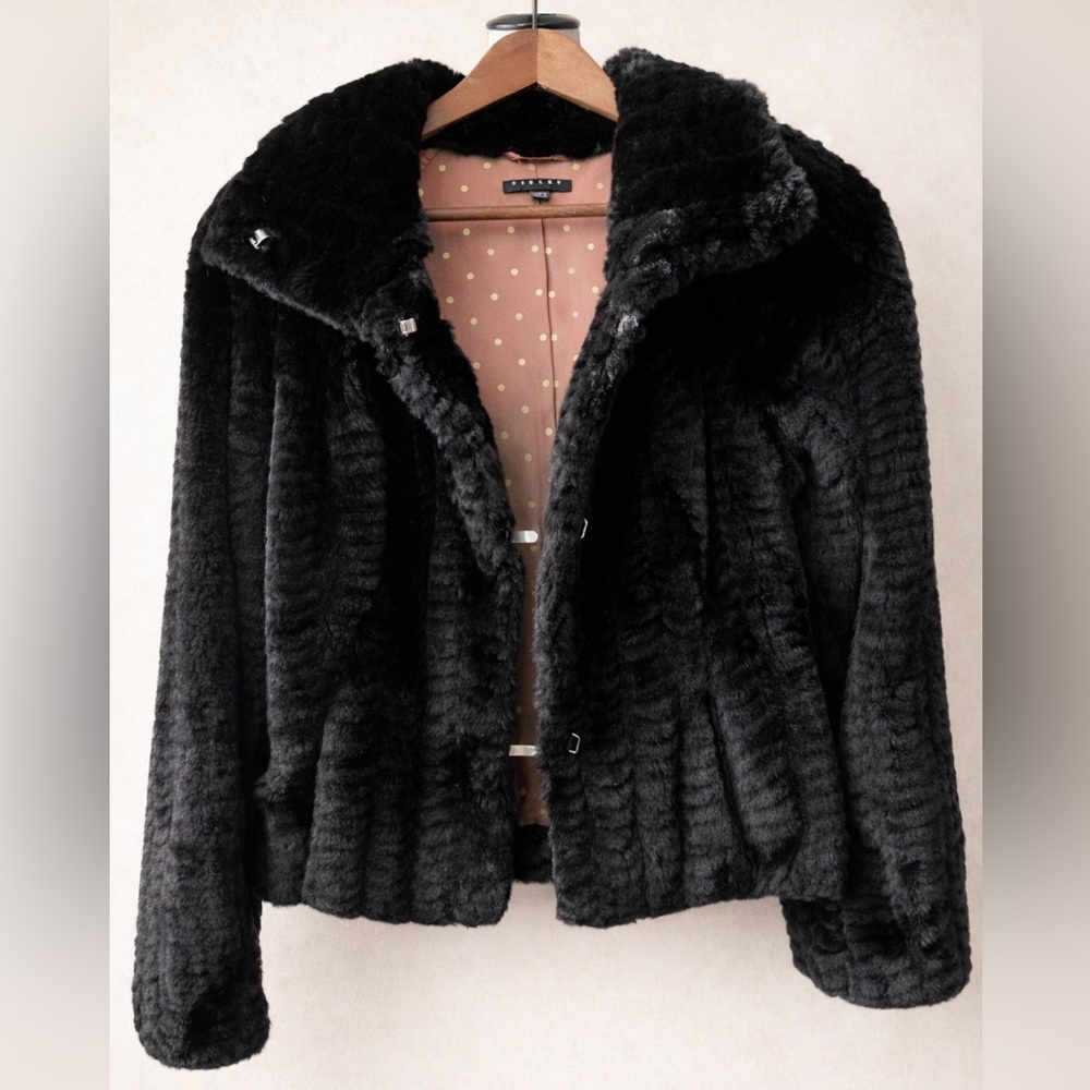 Sisley Black Faux Fur Jacket | Luxe Y2K Glam Teddy Coat Cropped XS